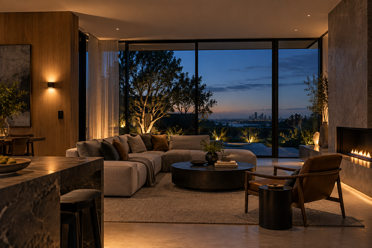 Modern home with coordinated architectural lighting at dusk