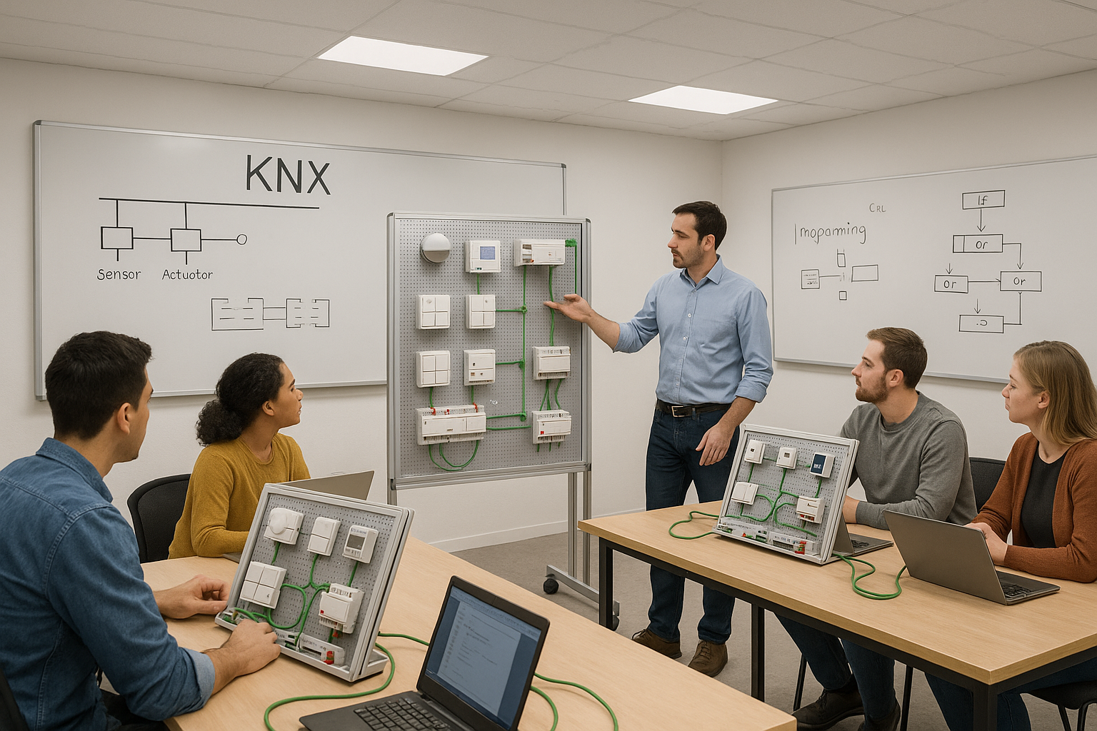 classroom with people training how to use KNX programming on demo boards real people realistic