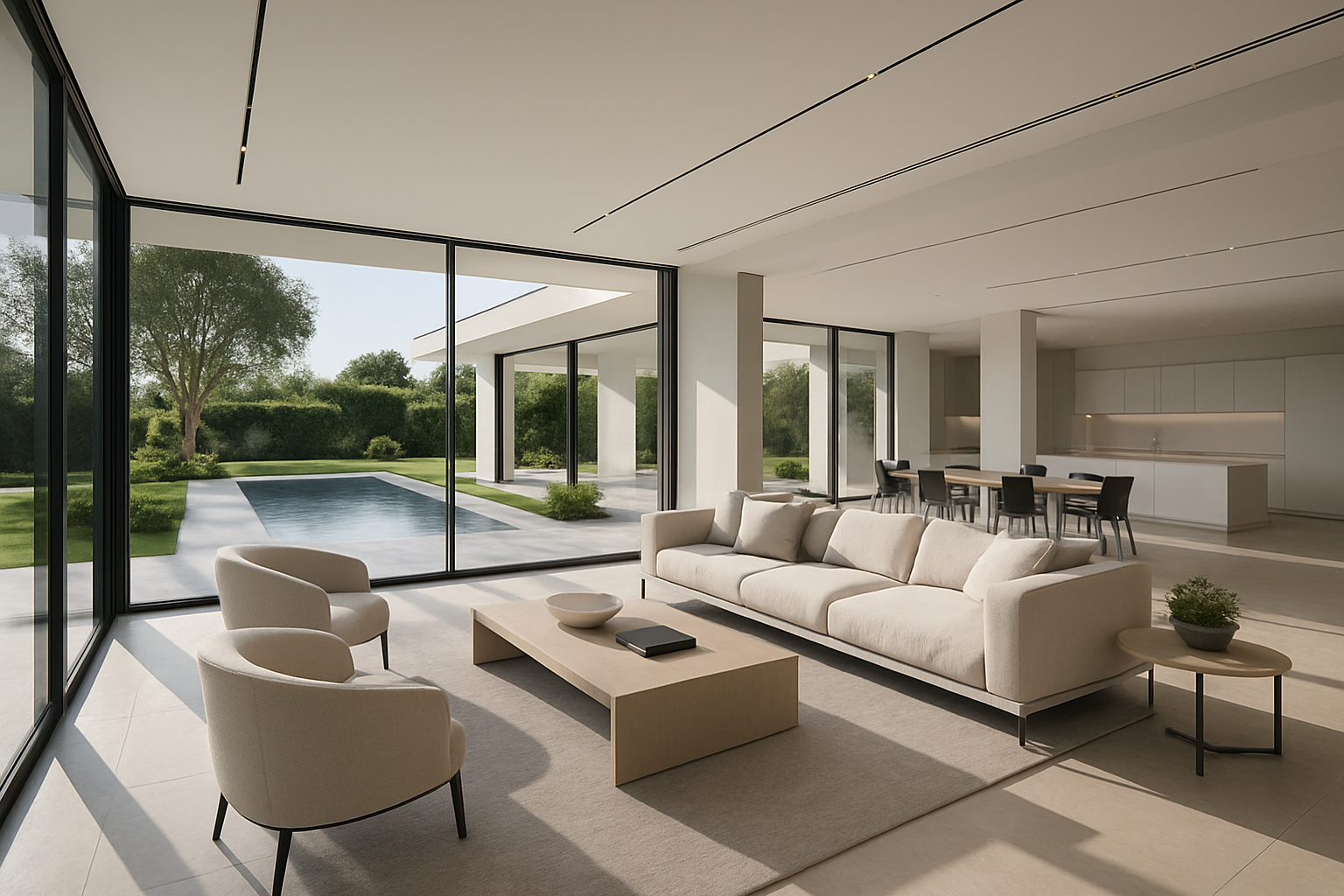 large super modern house large living room with lots of natural light looking out onto the garden with a pool