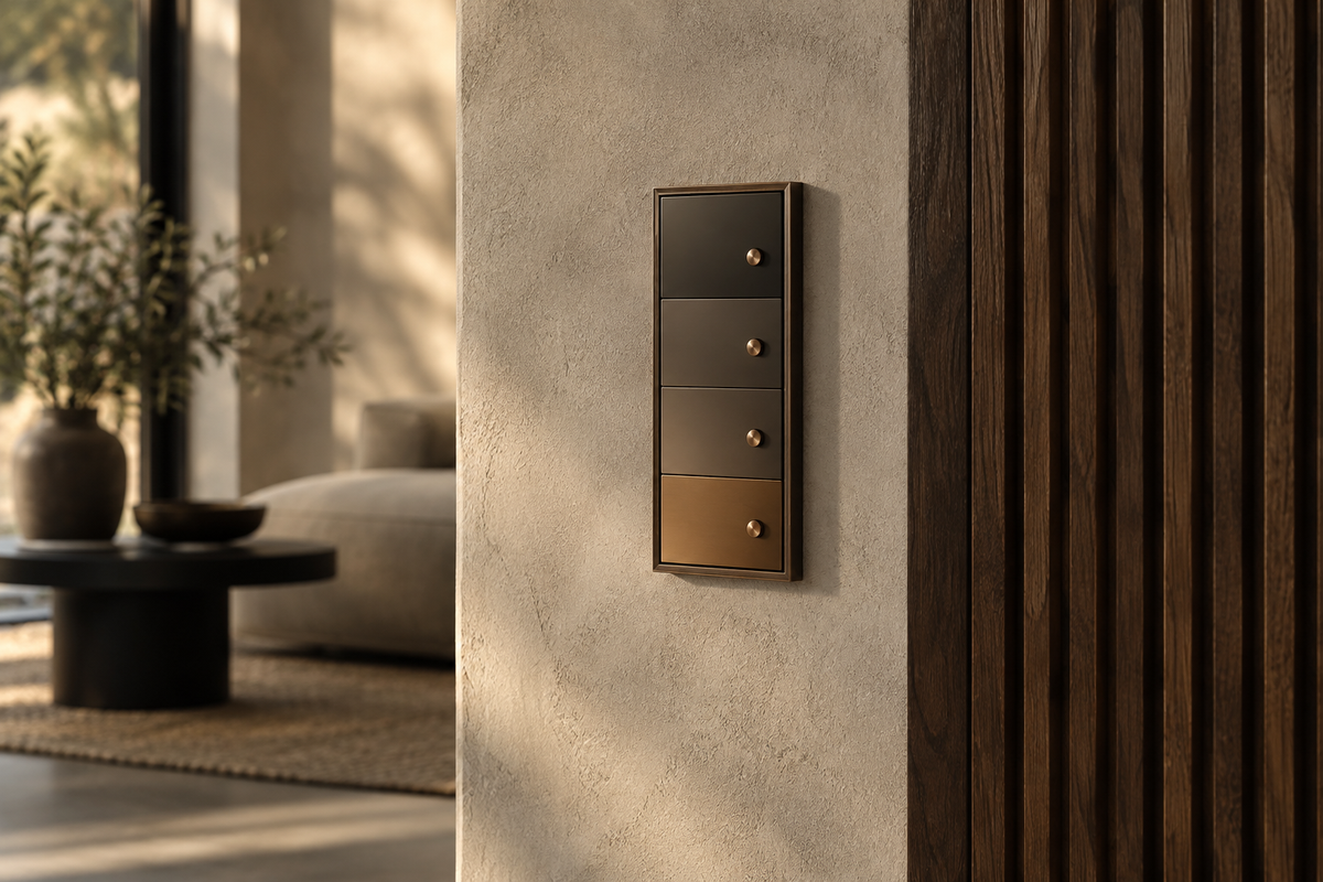 Minimal bronze wall control installed beside dark timber joinery