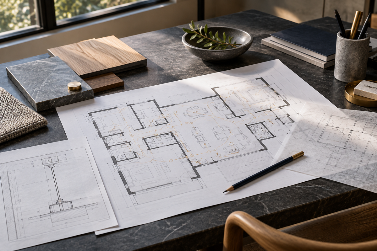 Residential floor plans and material samples arranged on a stone design table