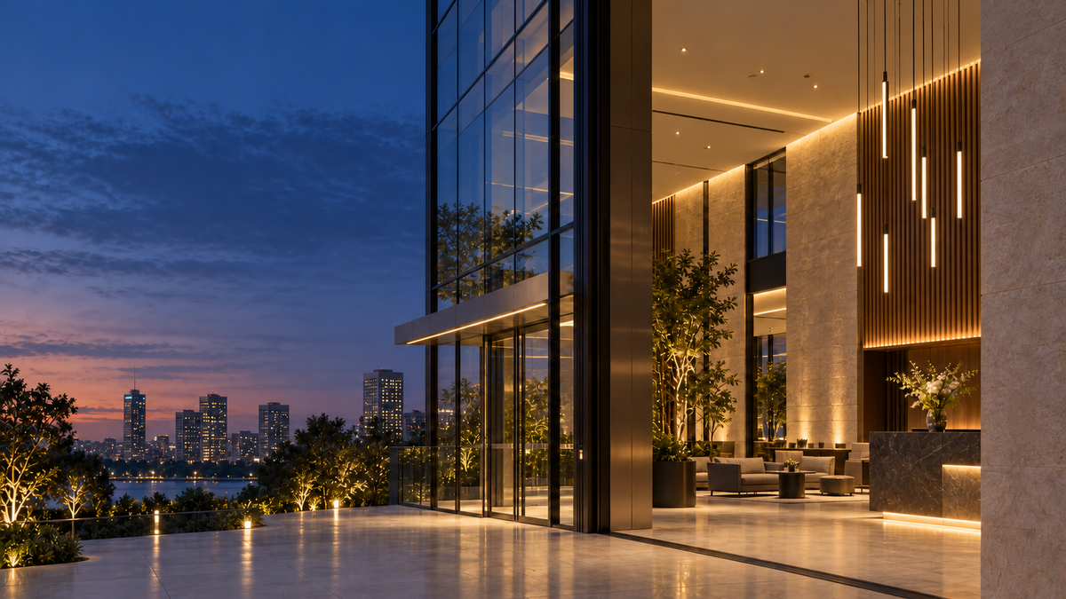 Premium commercial building with integrated architectural lighting at dusk