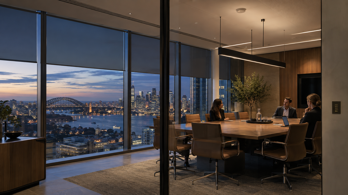 Three professionals meeting naturally in a KNX-controlled boardroom