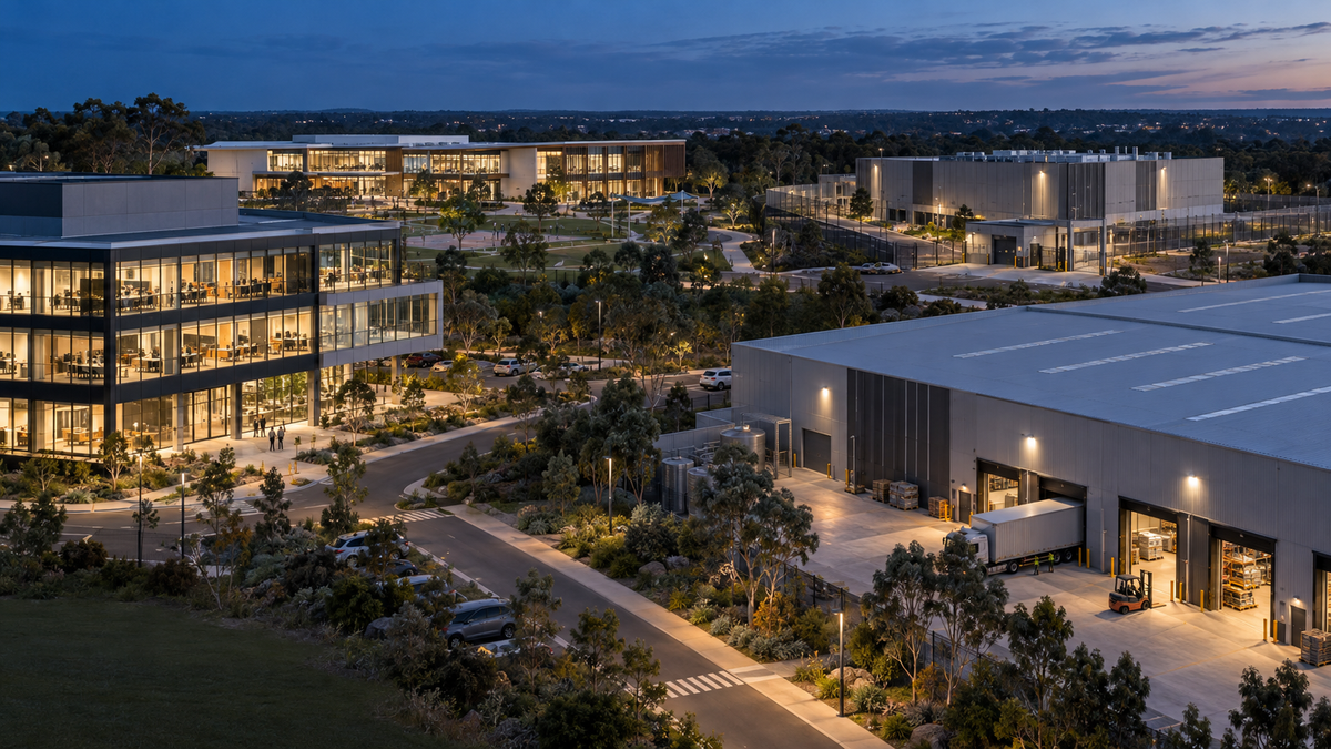 Premium Australian commercial campus with office, education, secure and warehouse buildings at blue hour