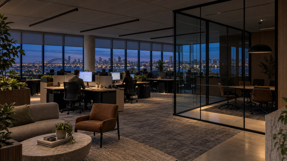 Premium Australian office operating after hours with only occupied zones and safe circulation lighting active