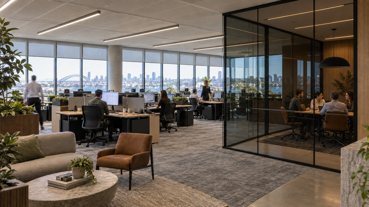 Premium office with glass meeting room in a dimmed presentation scene