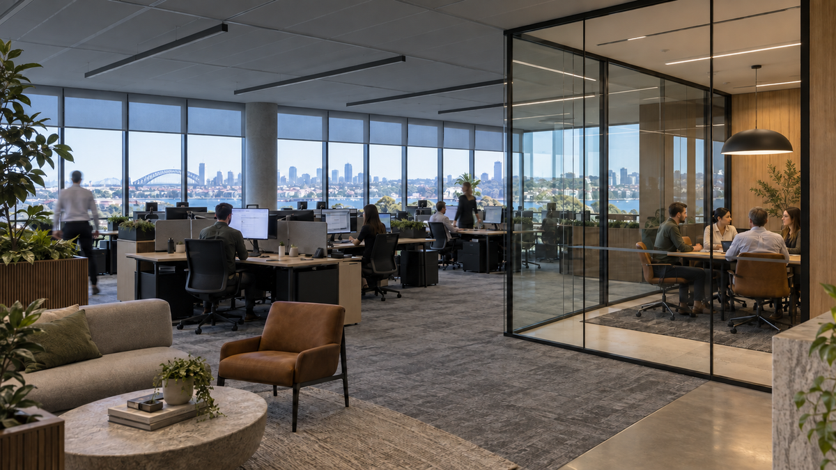 Premium office with open workspace lights dimmed by daylight control