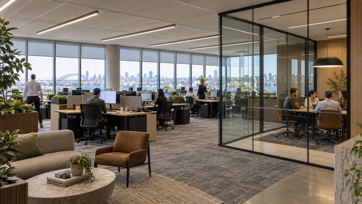 Premium Australian office with open work areas and a glazed meeting room