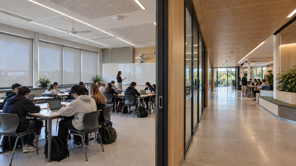 Australian classroom with exterior daylight blinds lowered for glare control