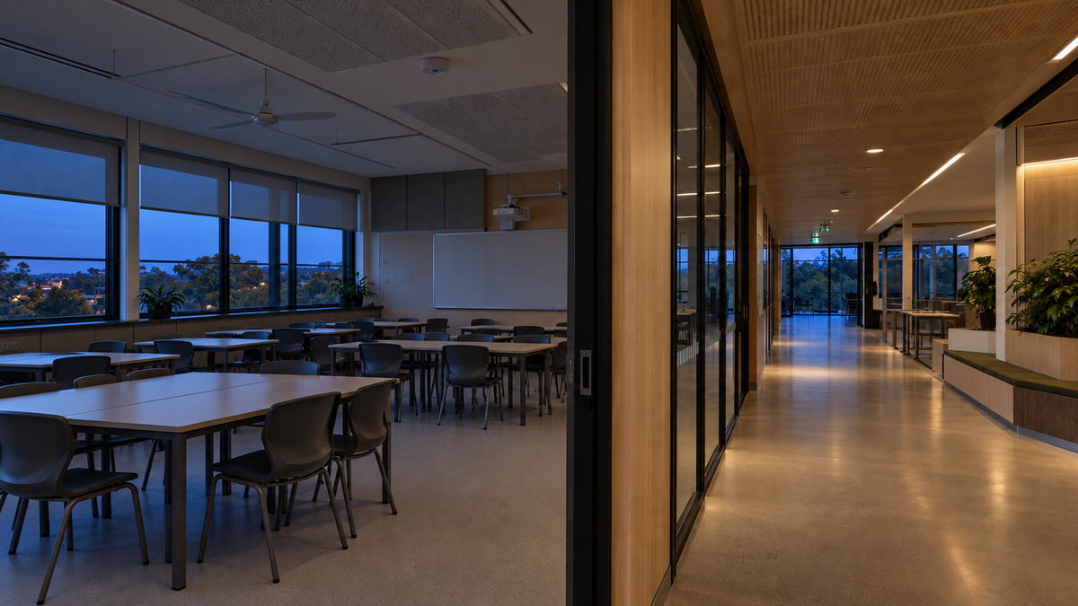 Australian school at blue hour with classroom set back and safe corridor lighting active