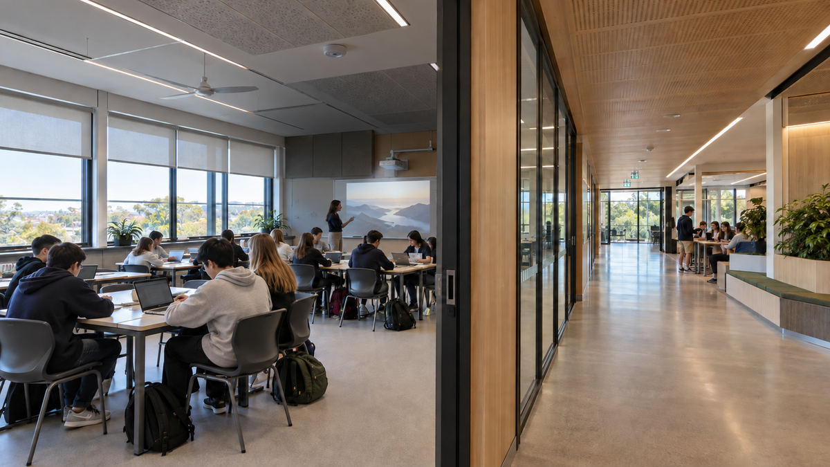 Australian classroom in presentation mode with teaching-wall lighting dimmed and projector active