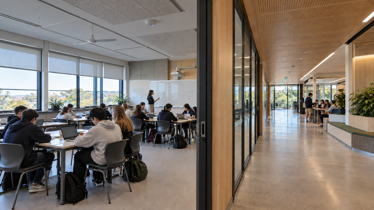Australian classroom with student-zone luminaires dimmed in response to daylight