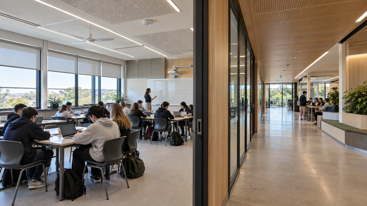 Contemporary Australian classroom with students, teacher and abundant daylight