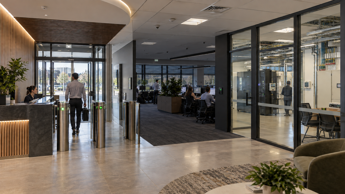 Controlled facility with central operations-zone lighting reduced