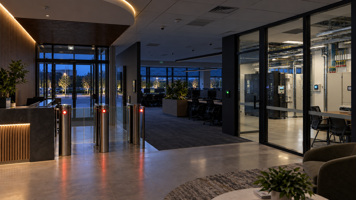Controlled facility at blue hour in secured operating mode