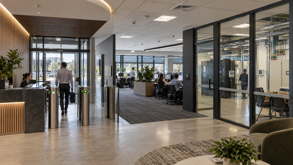 Secure modern operations facility with controlled access and professional workspaces