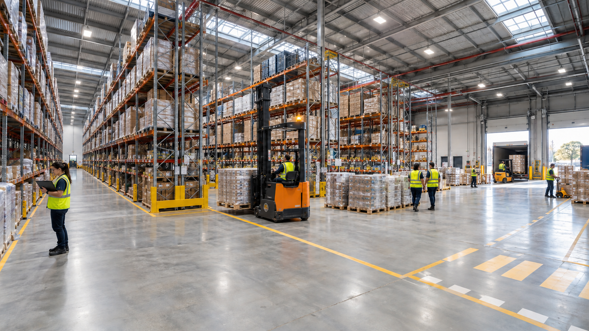 Warehouse operating at loading peak with active forklifts and full task lighting