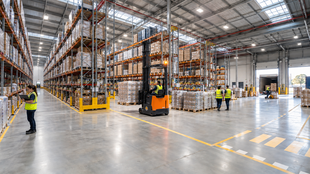 Warehouse loading zone active with forklift and local task lighting