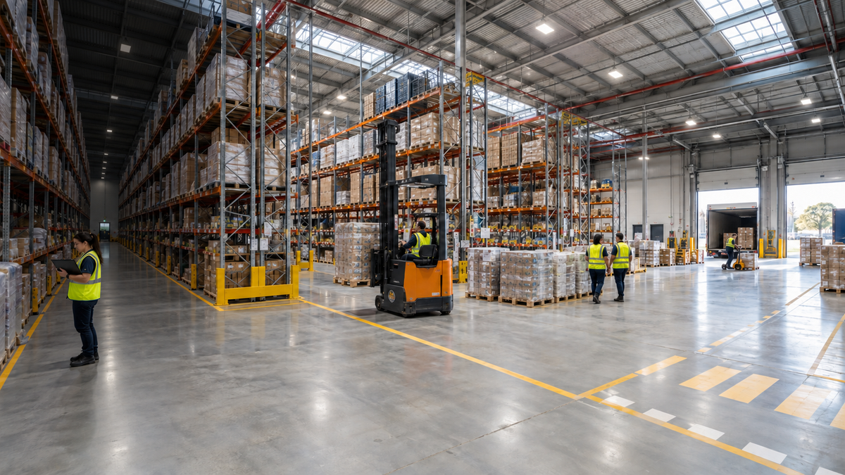 Warehouse storage aisle with high-bay lighting reduced to standby