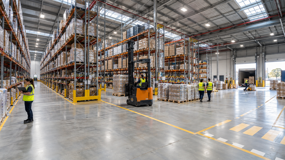 Large modern warehouse with high-bay lighting, racking and active logistics zones