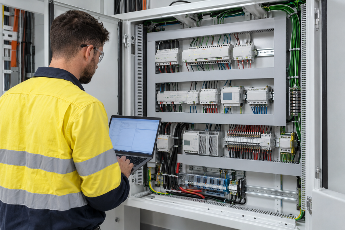 Electrician commissioning a professionally organised KNX and DALI control board