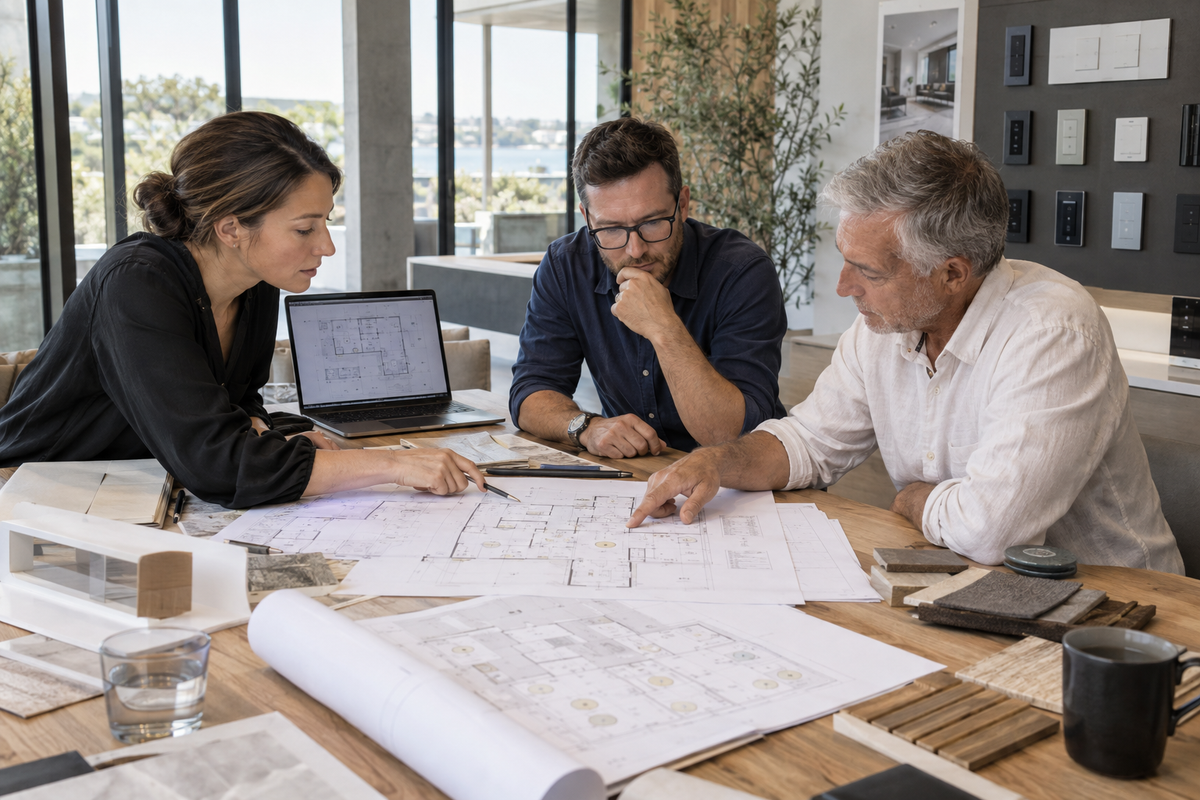 Architect, engineer and client coordinating an integrated building-control design