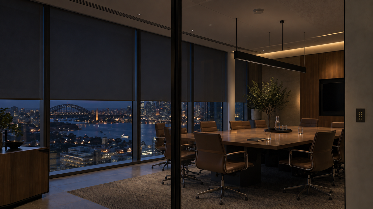 The same boardroom empty after hours with blinds lowered and only low-level lighting
