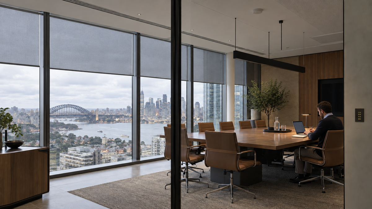 One person working in the boardroom using daylight with most artificial lighting off
