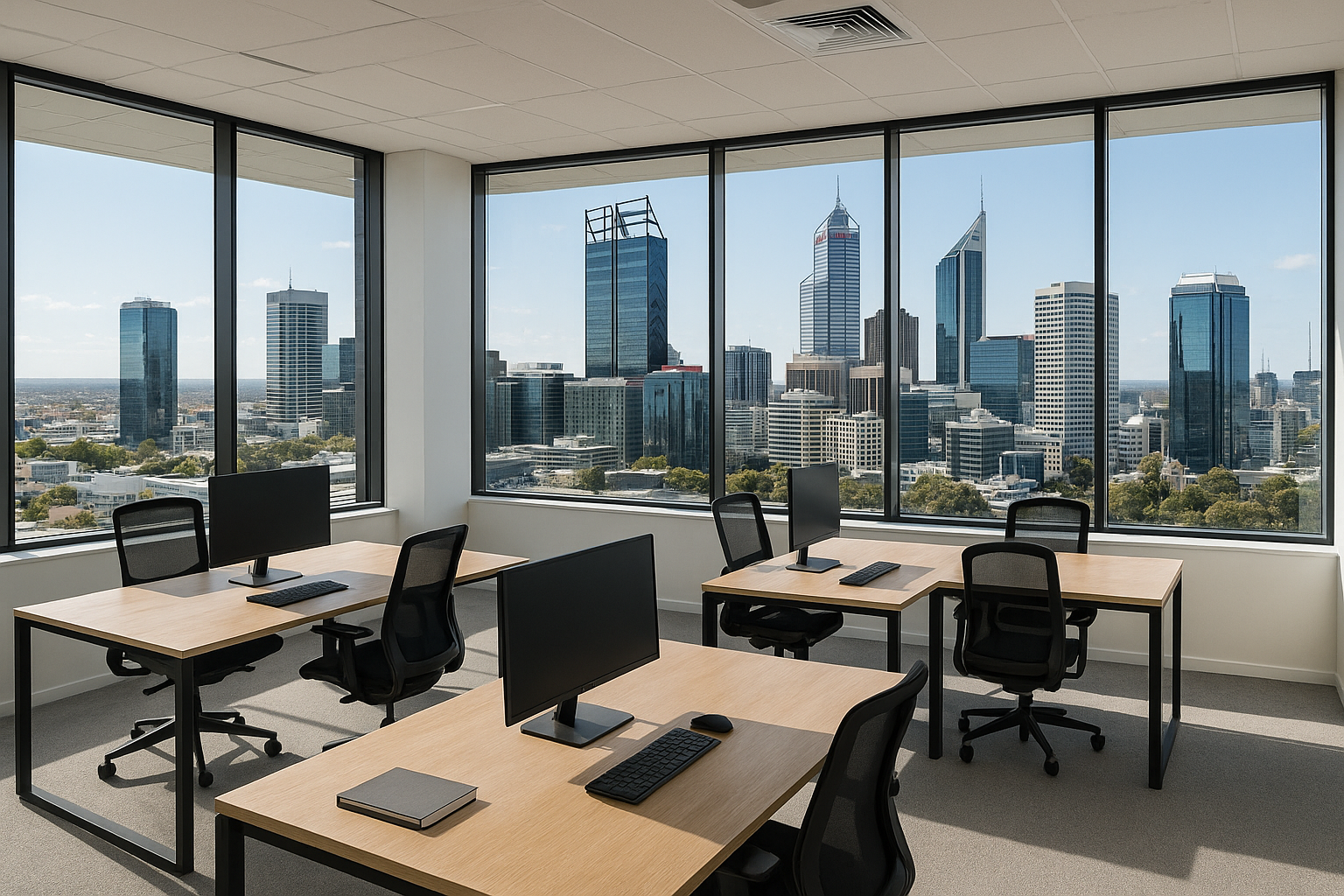 modern commercial office with desks outside window looking at the skyline of Perth CBS australia