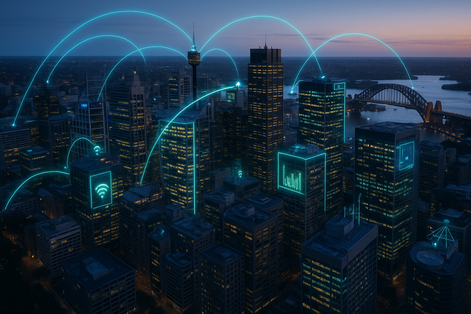 show Sydney australia with all the office buildings showing smart buildings connected